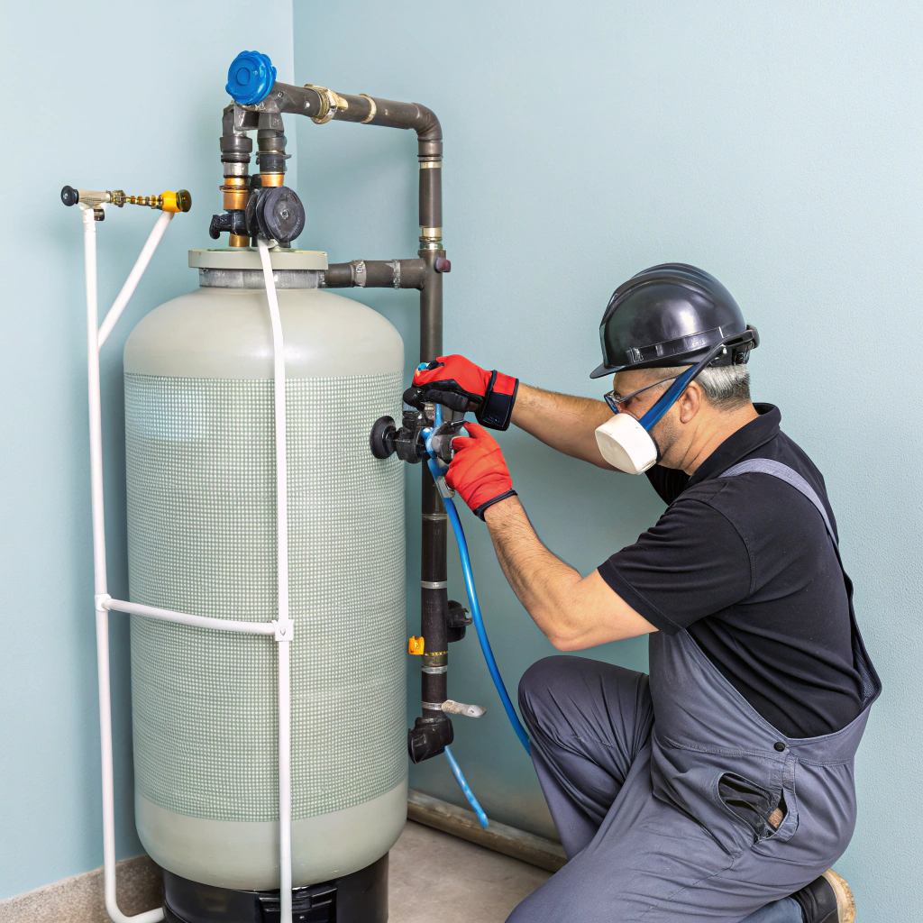 Technician installing industrial water filter housing